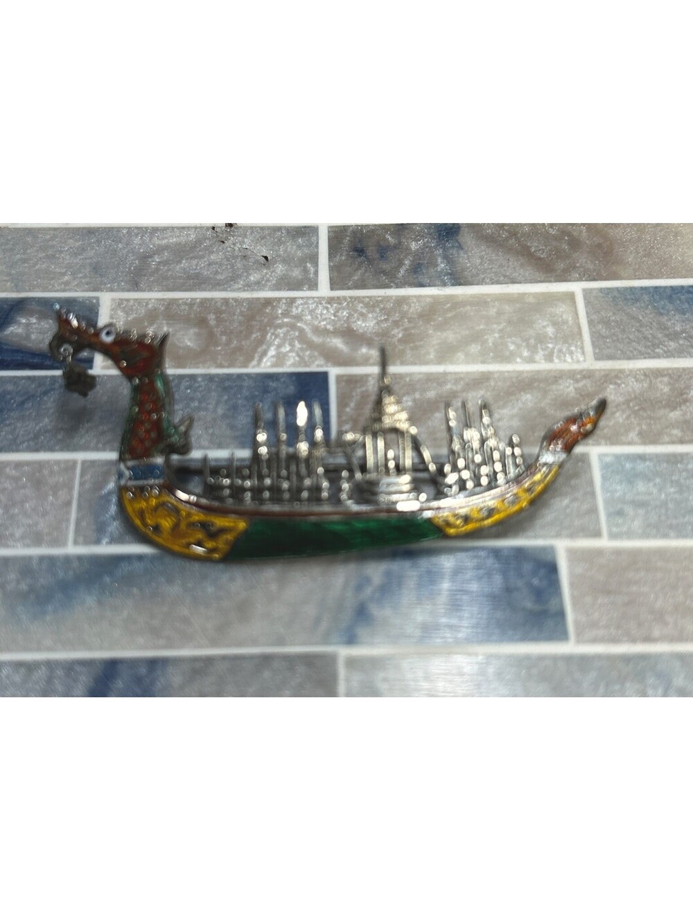 Vintage Siam Sterling Silver Hand Made Enamel Dragon Boat Brooch Excellent Cond